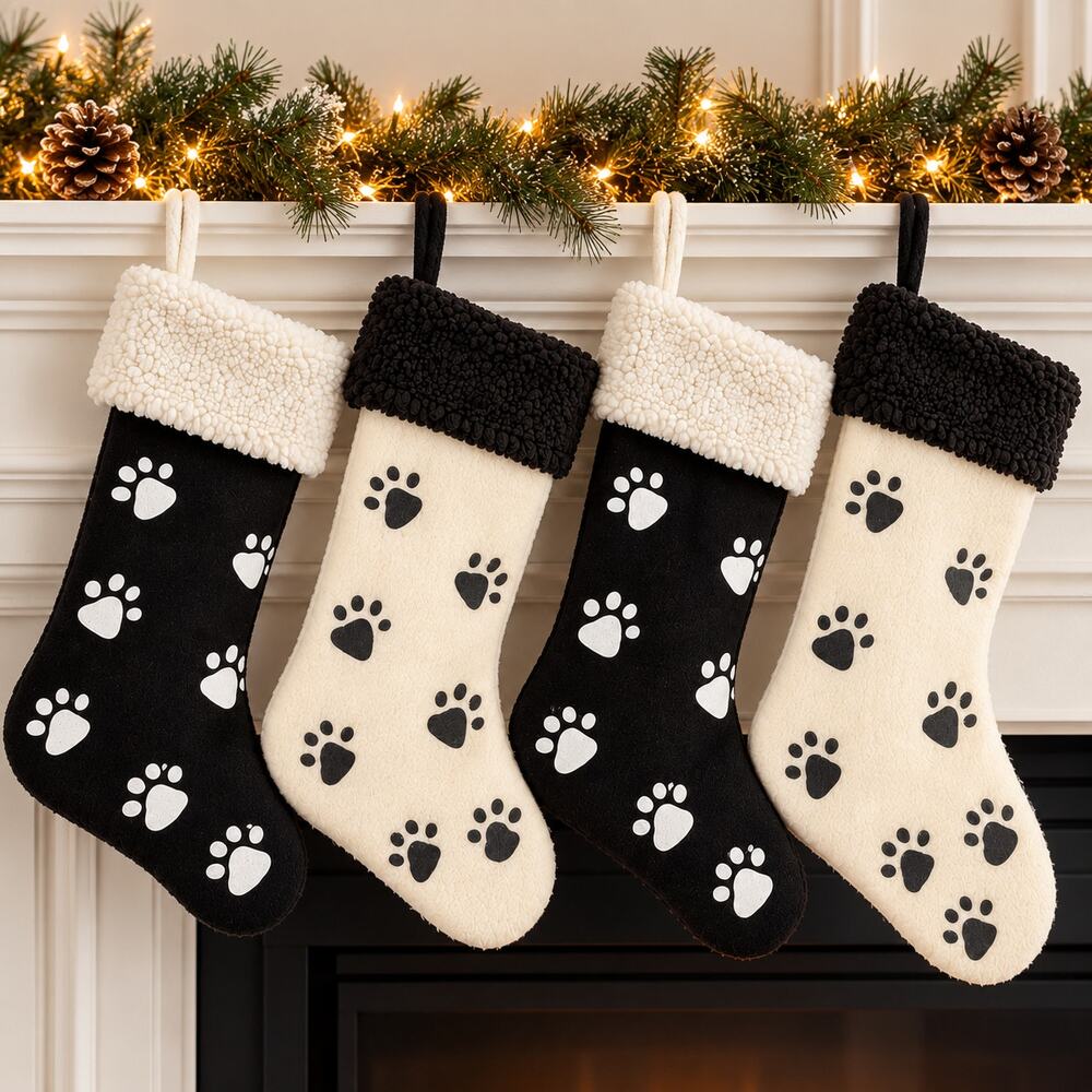 Pet Christmas Stockings Set 4 Dog Cat Paw Print 18 Inch Fur Cuff Family Holiday